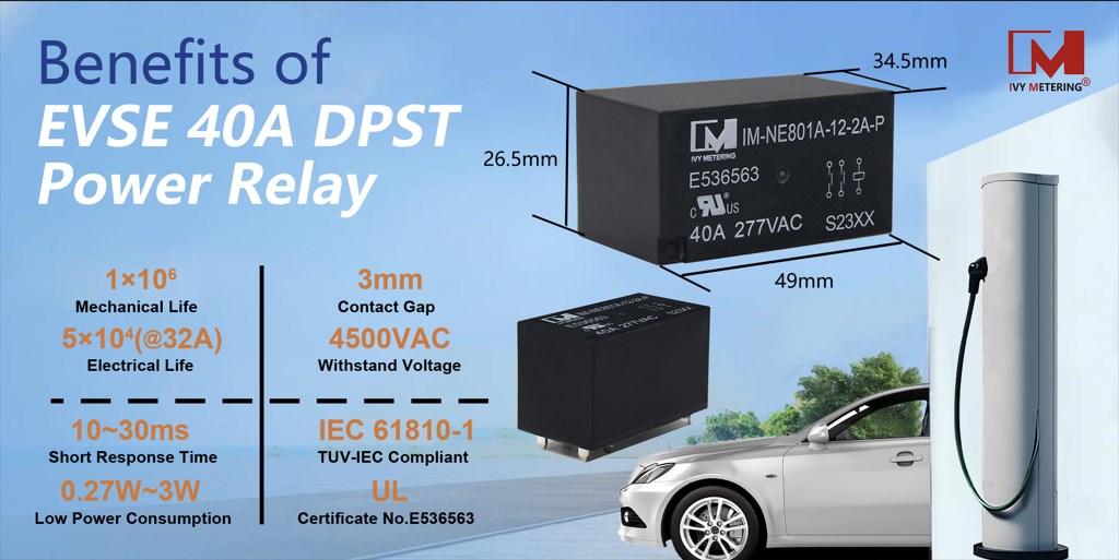 IM-NE801A IEC61810-1 40A 277VAC Coil 12VDC 2 Pole DPST-NO PCB Power Relay for 1PH 32A AC Charger