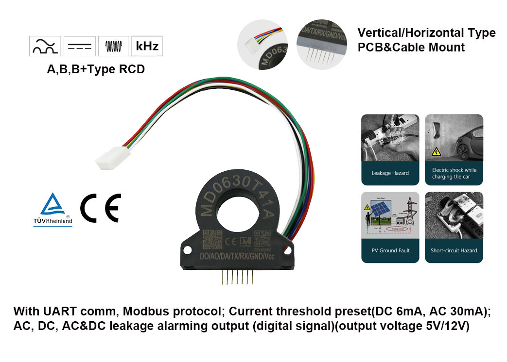 MD0630T41A AC DC Differential Protection Residual Current Sensor Leakage Detector for EVSE and Solar