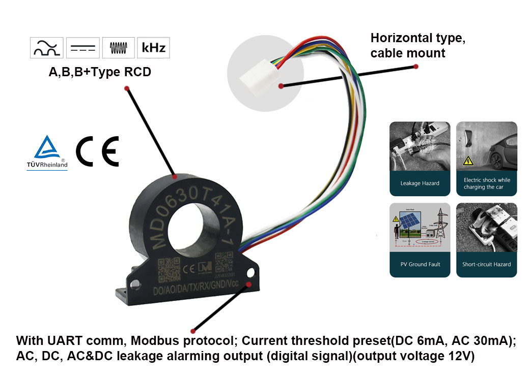 MD0630T41A-1 IEC62955 EV RCD Protection 6mA DC 30mA AC RCM Residual Current Monitoring Device with Cable