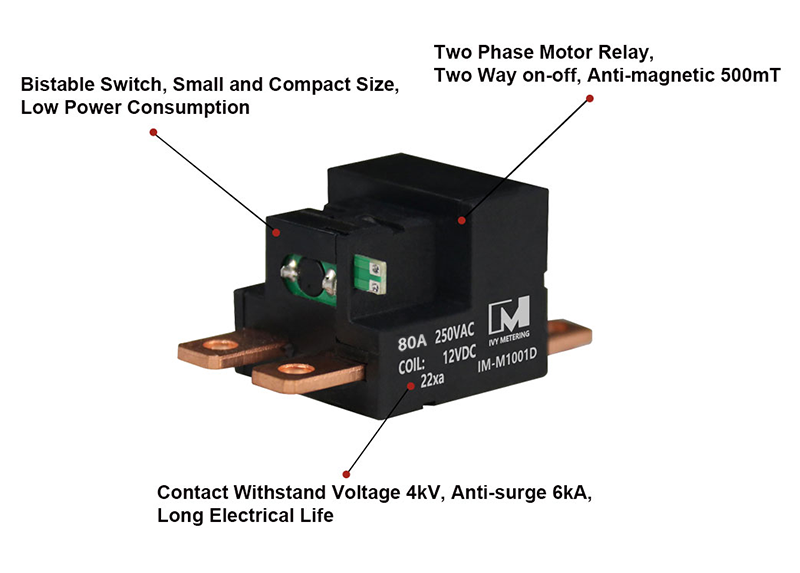 IM-M1001D 80A 250VAC Motor Driven Double Pole 12V Latching Relay with 500mT Magnetic Immunity