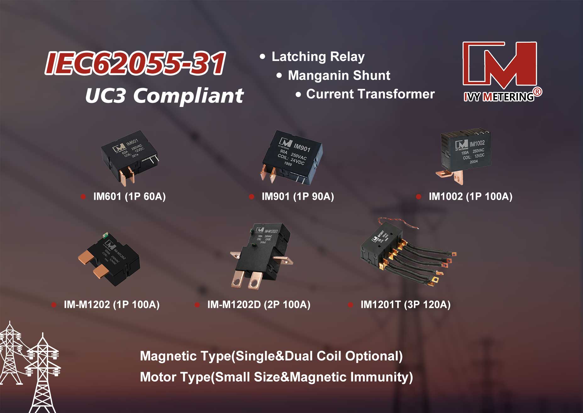 IM601 IEC62955 60A 230-250VAC Dual Coil 12VDC PCB Mount Bistable Latching Relay for AC EV Charger