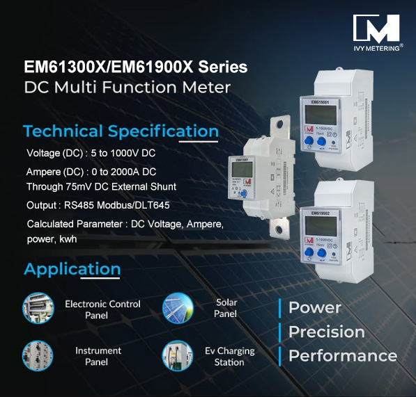 EM619001 250A 5-1000V Din Rail Net Metering Solar EV Charging RS485 Modbus Digital DC Power Meter