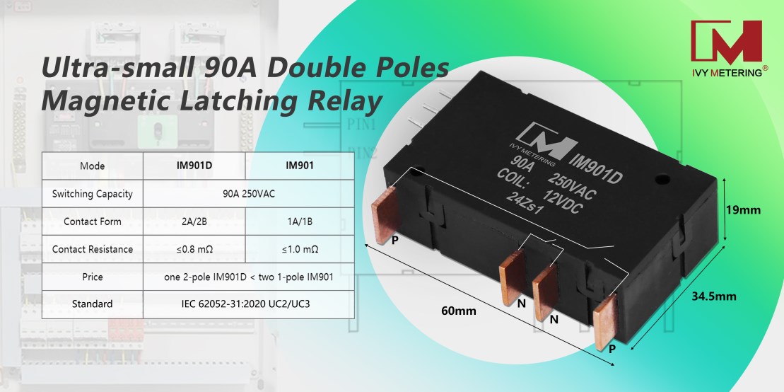 IM901D IEC62052-31 UC2 90A Single Dual Coil 2 Phase Double Pole Latching Relay for Smart Meter